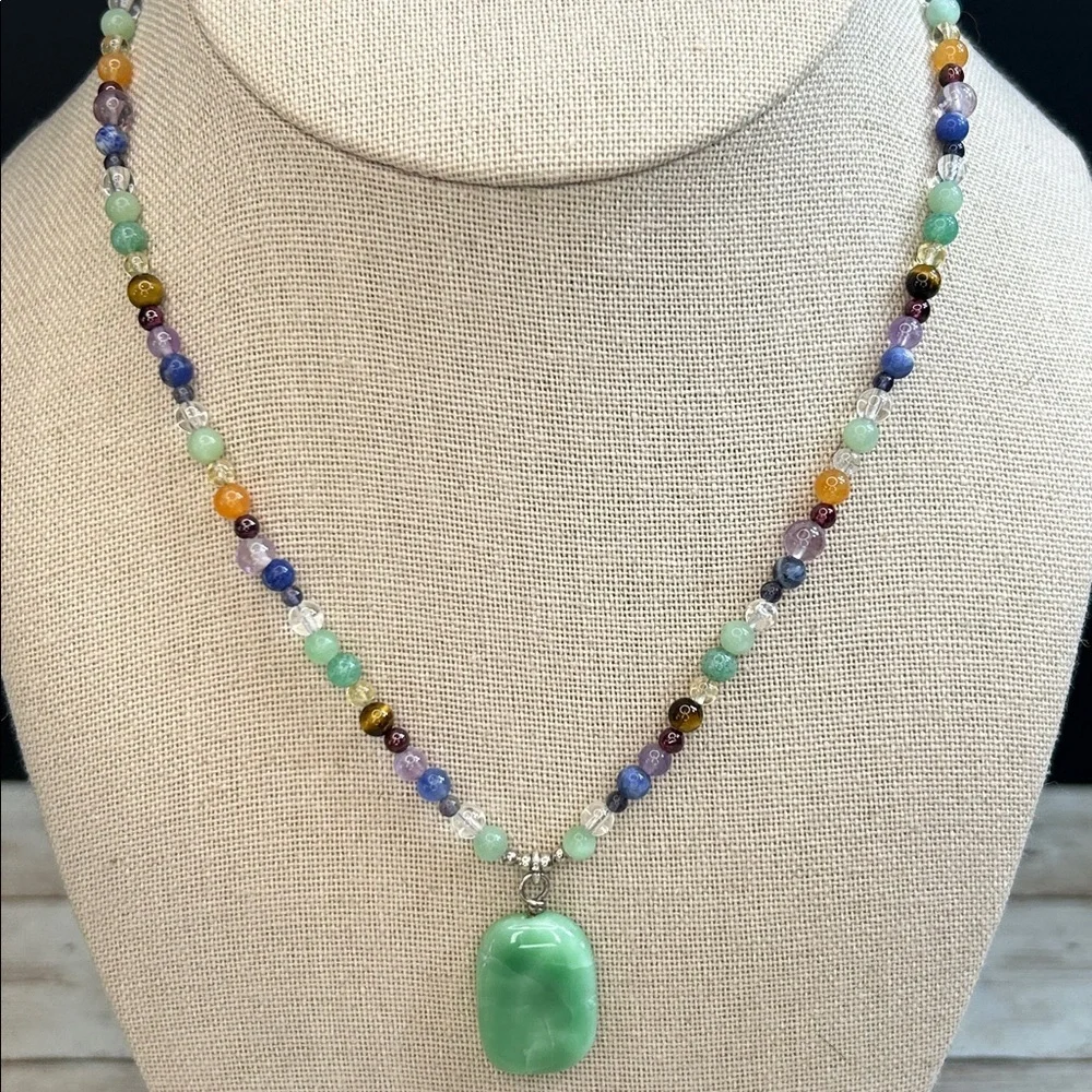 Multicolor 925 Sterling Silver Stone Necklace with Green Glass Pendant - Picture 3 of 5
